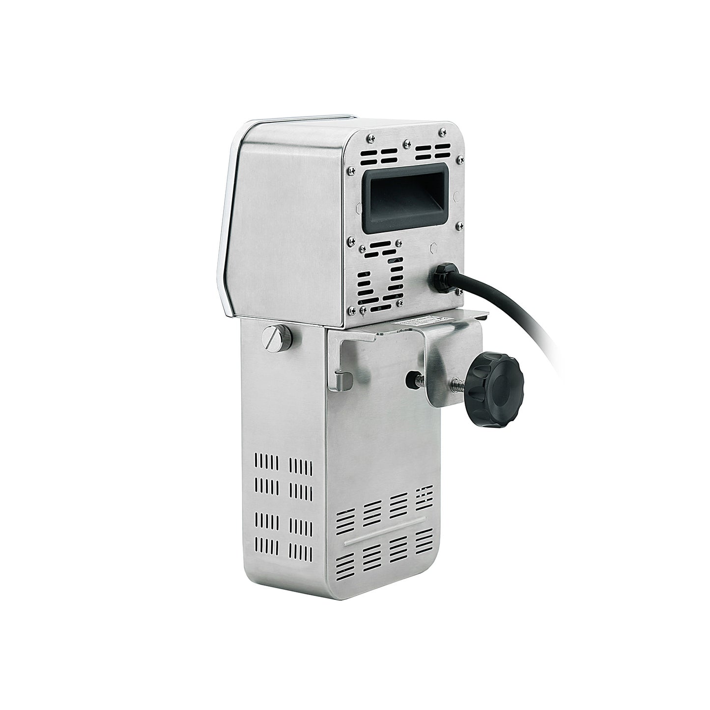 Metallic sous vide cooker with a power cord on a white background
