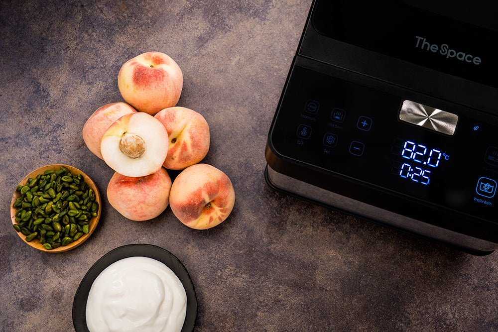 Poached Peach, Pistachios, and Greek Yogurt