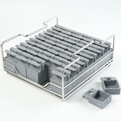 A tray of silicone molds to make cube-shape clear ice blocks.