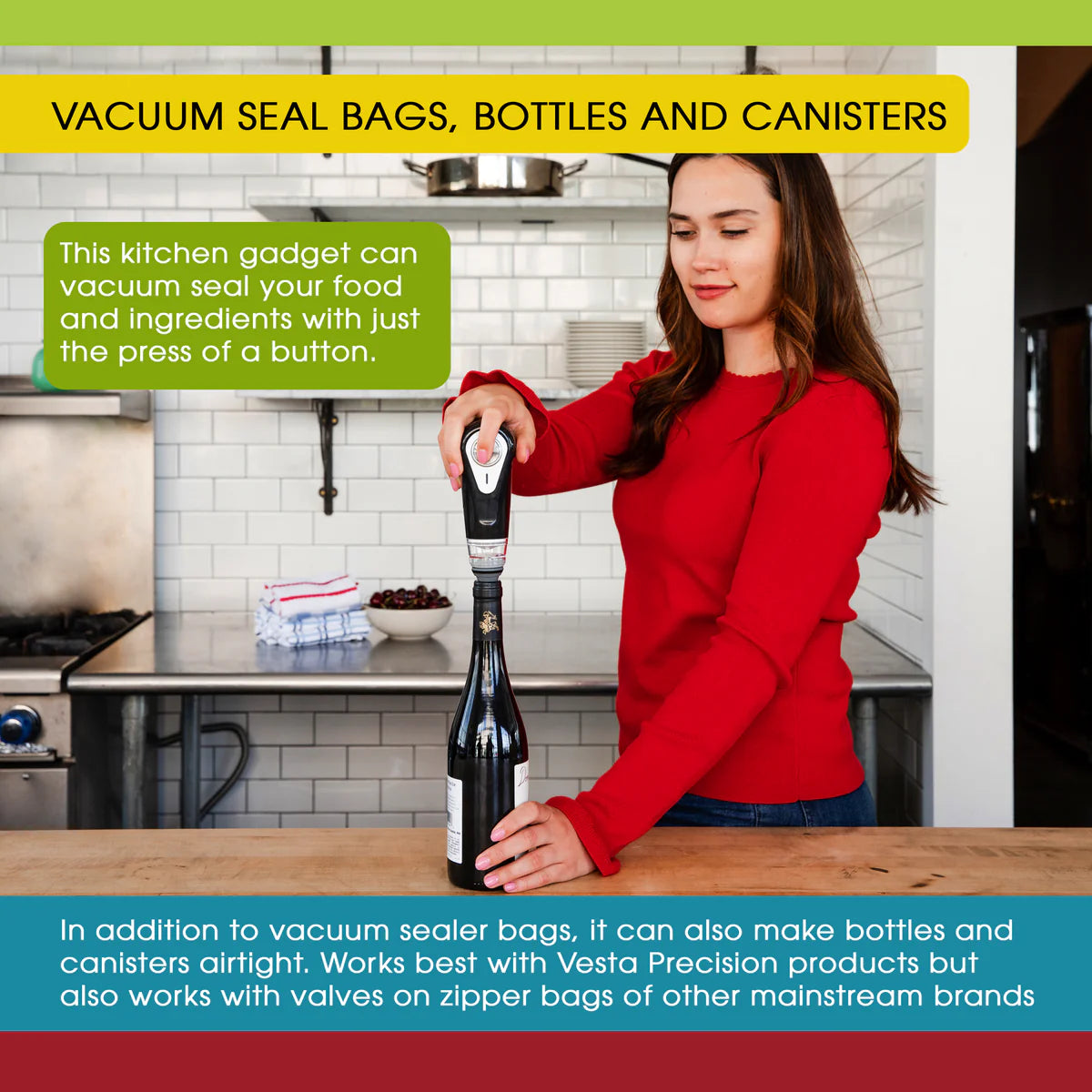 Woman using a handheld vacuum sealer to vacuum seal a wine bottle in a kitchen setting.