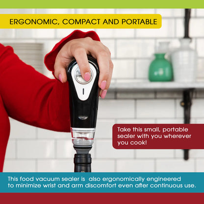 Hand using a food vacuum sealer with promotional text about its features.