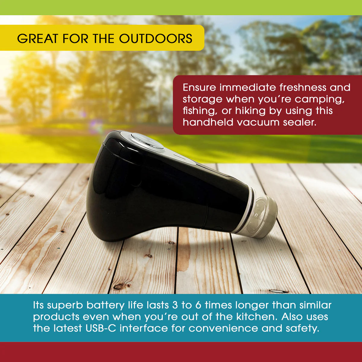 Handheld vacuum sealer on a wooden surface with outdoor scenery in the background