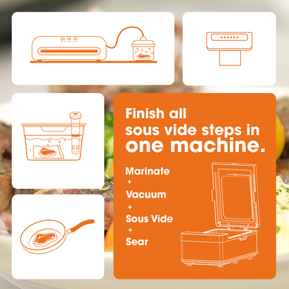 Promotional graphic for a Neovide with icons and text about sous vide cooking steps.