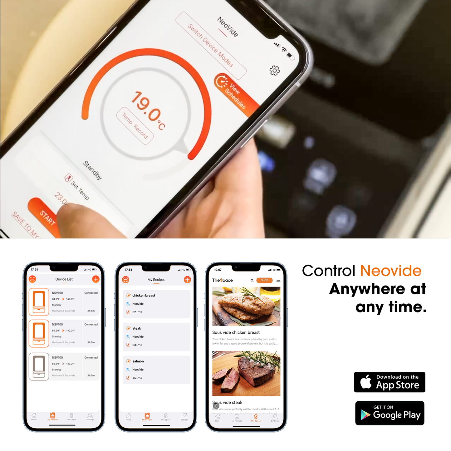 Smartphone displaying a cooking app with a hand holding it, and additional app screens shown below.