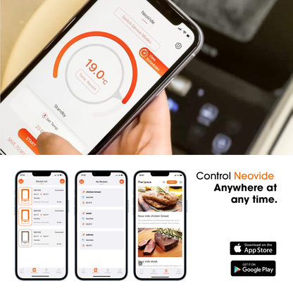 Smartphone displaying a cooking app with a hand holding it, and additional app screens shown below.