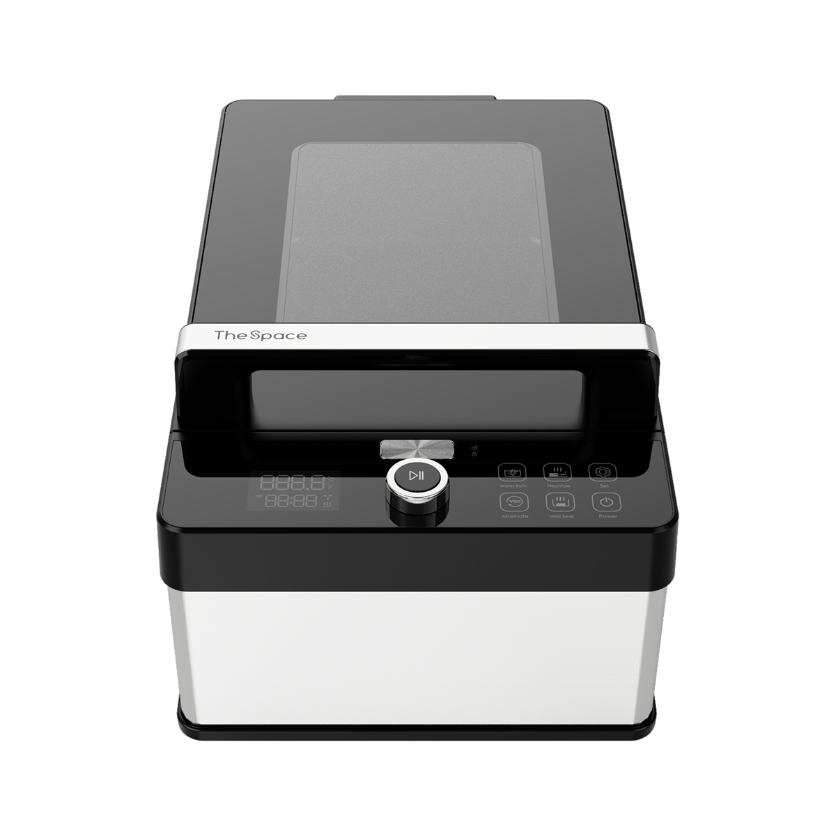 Black and silver device with a glass lid and control panel on a white background