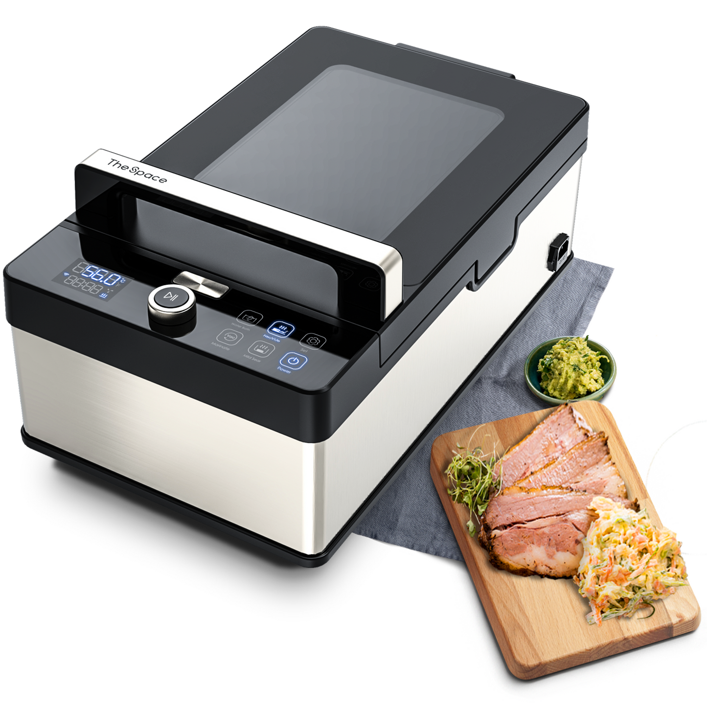 Neovide sous vide cooker with a cutting board displaying food on a white background