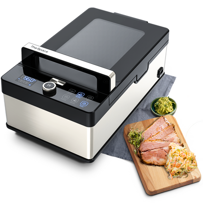 Neovide sous vide cooker with a cutting board displaying food on a white background
