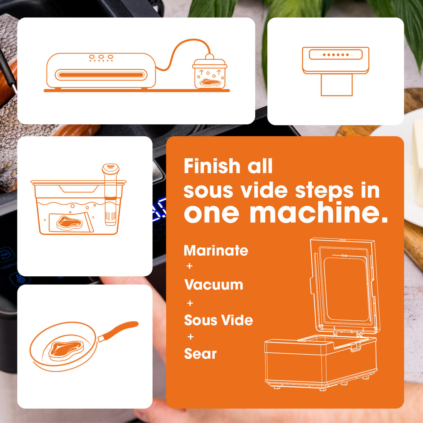 Promotional graphic for Neovide sous vide machine with icons and text about sous vide cooking steps.