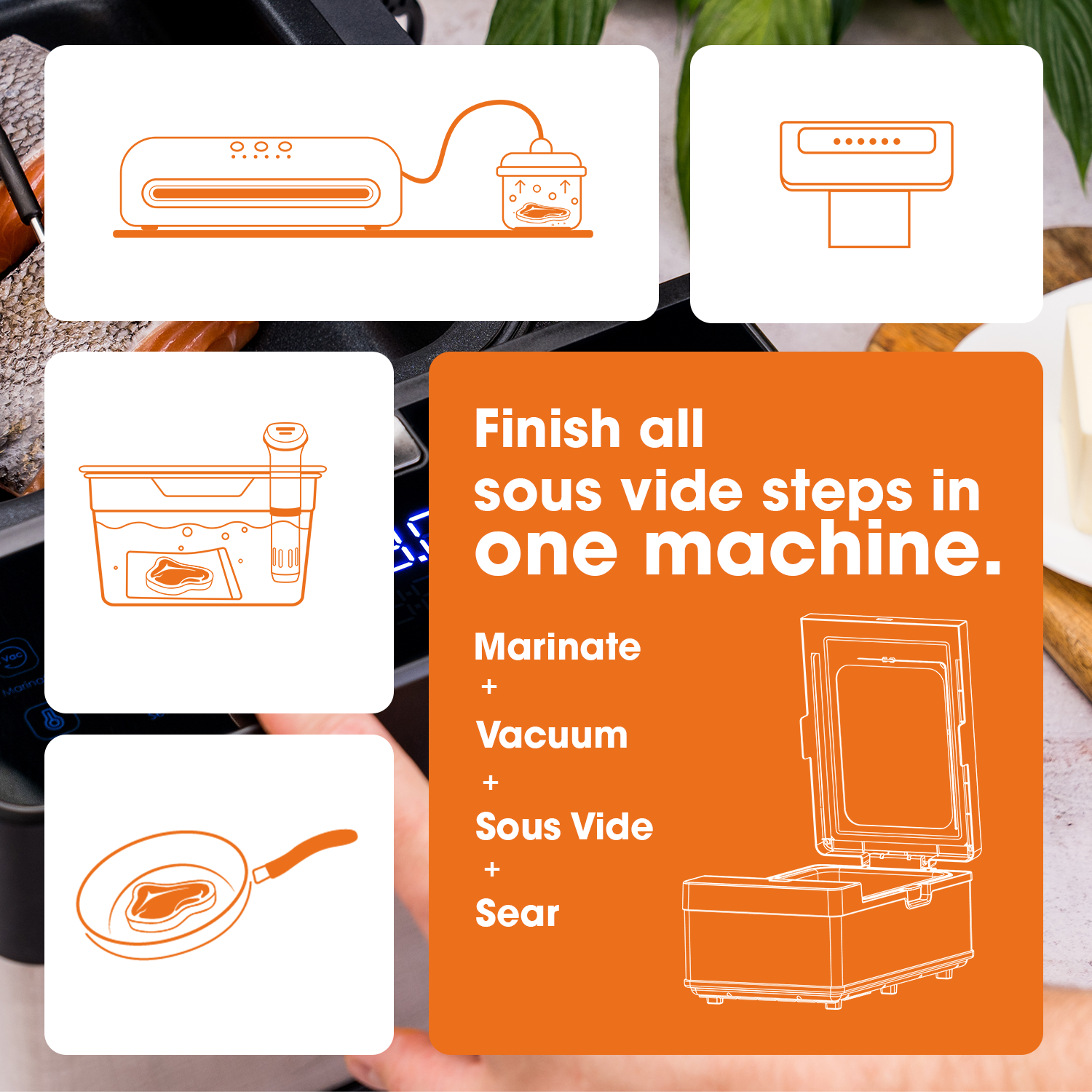 Promotional graphic for Neovide sous vide machine with icons and text about sous vide cooking steps.