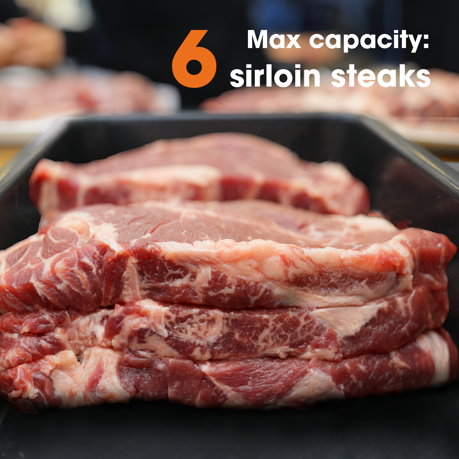 Raw sirloin steaks in a tray with text indicating max capacity.