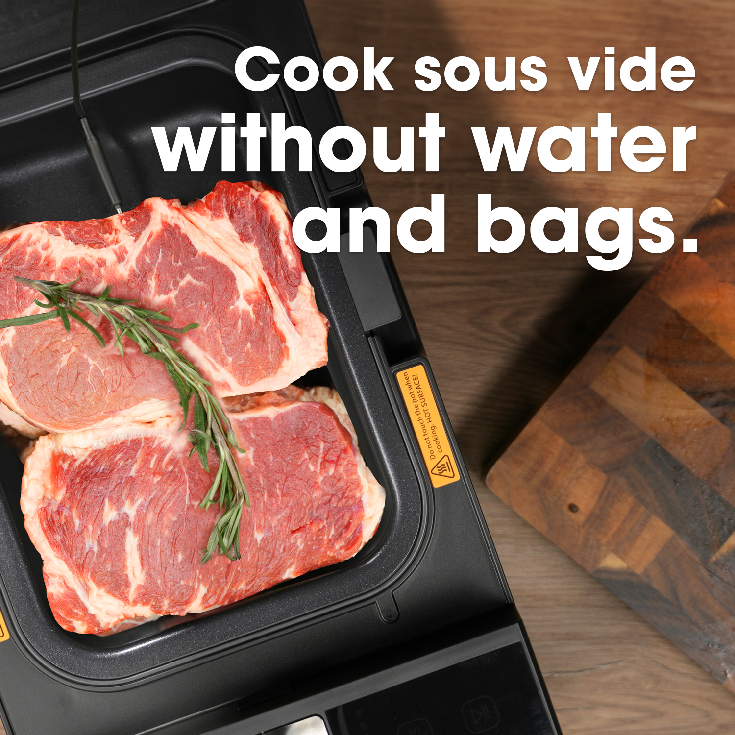 Raw meat with rosemary in a sous vide machine on a wooden surface.