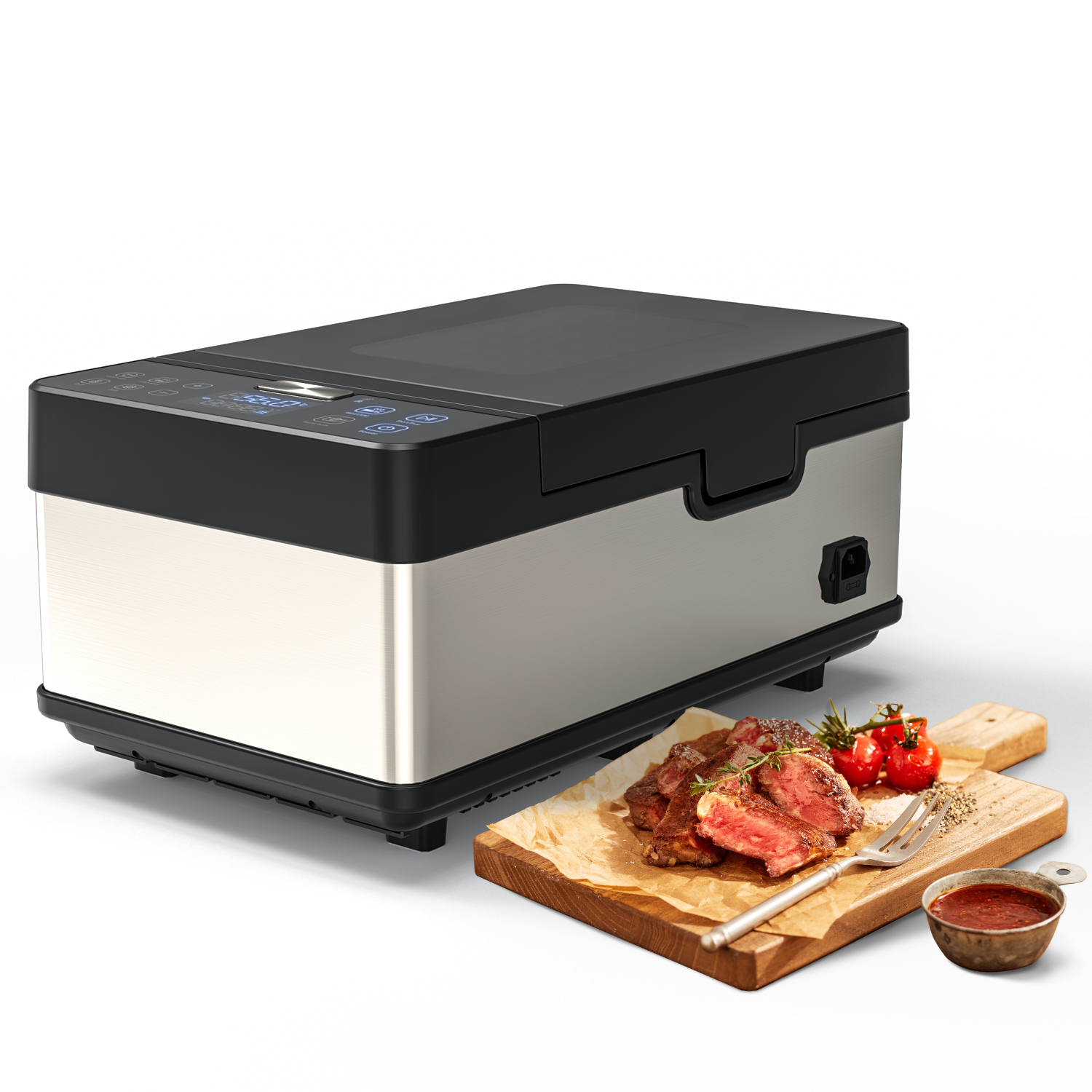 Neovide sous vide cooker with a cutting board displaying cooked food on a white background