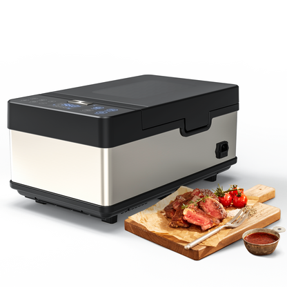Neovide sous vide cooker with a cutting board displaying cooked food on a white background