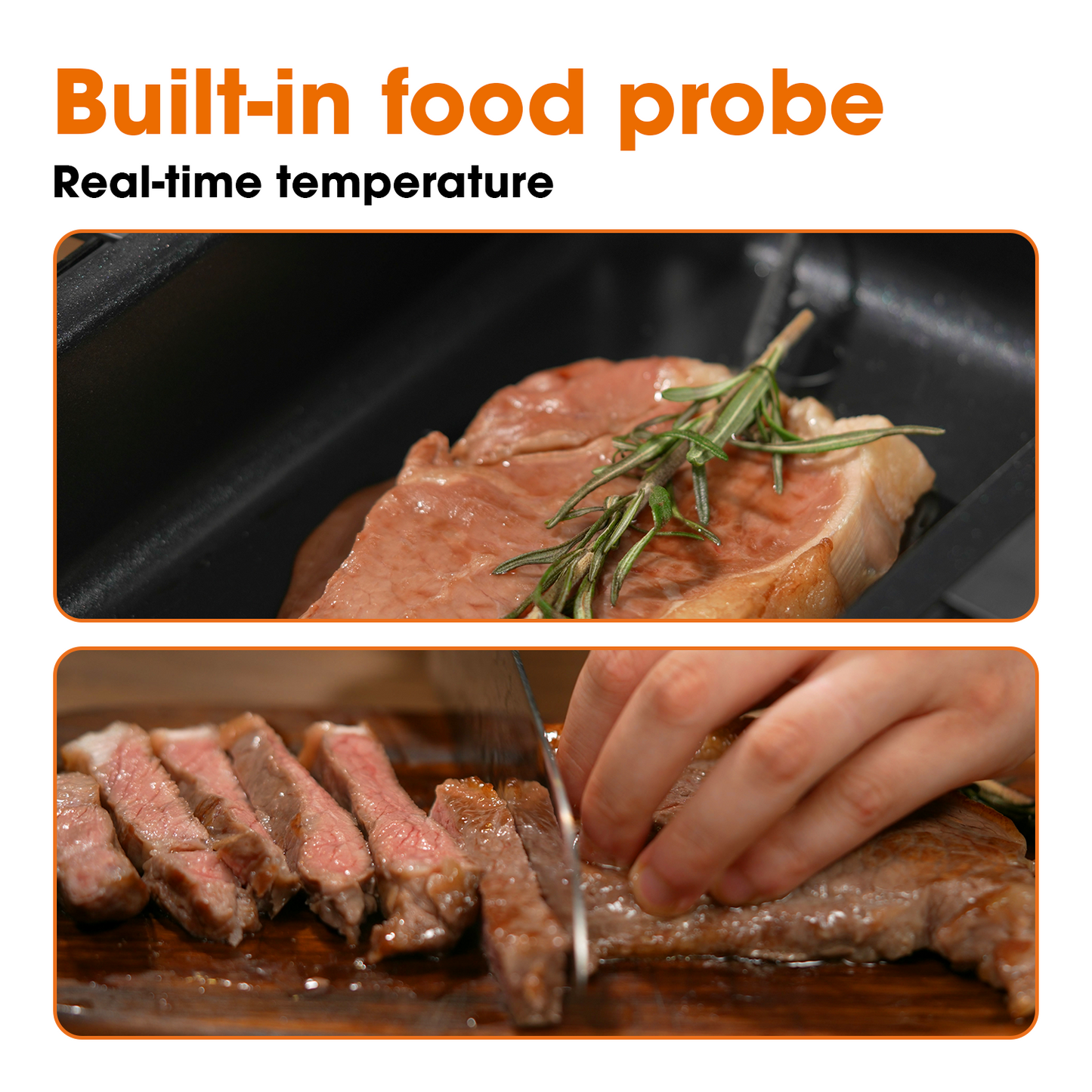 Cooked steak with a built-in food probe and real-time temperature display.