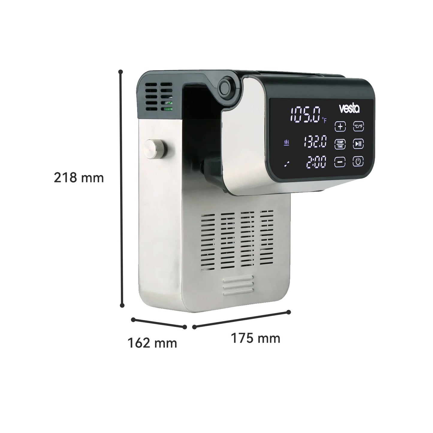 Vesta sous vide cooker with dimensions labeled on a white background