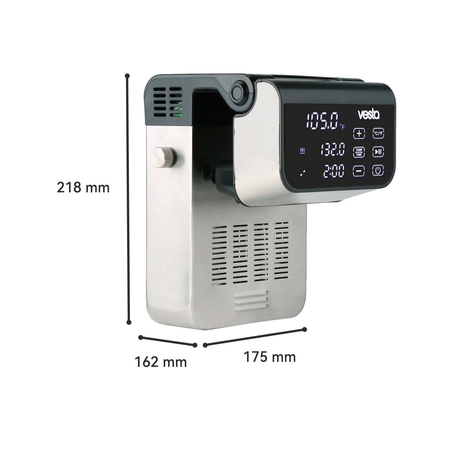 Vesta sous vide cooker with dimensions labeled on a white background