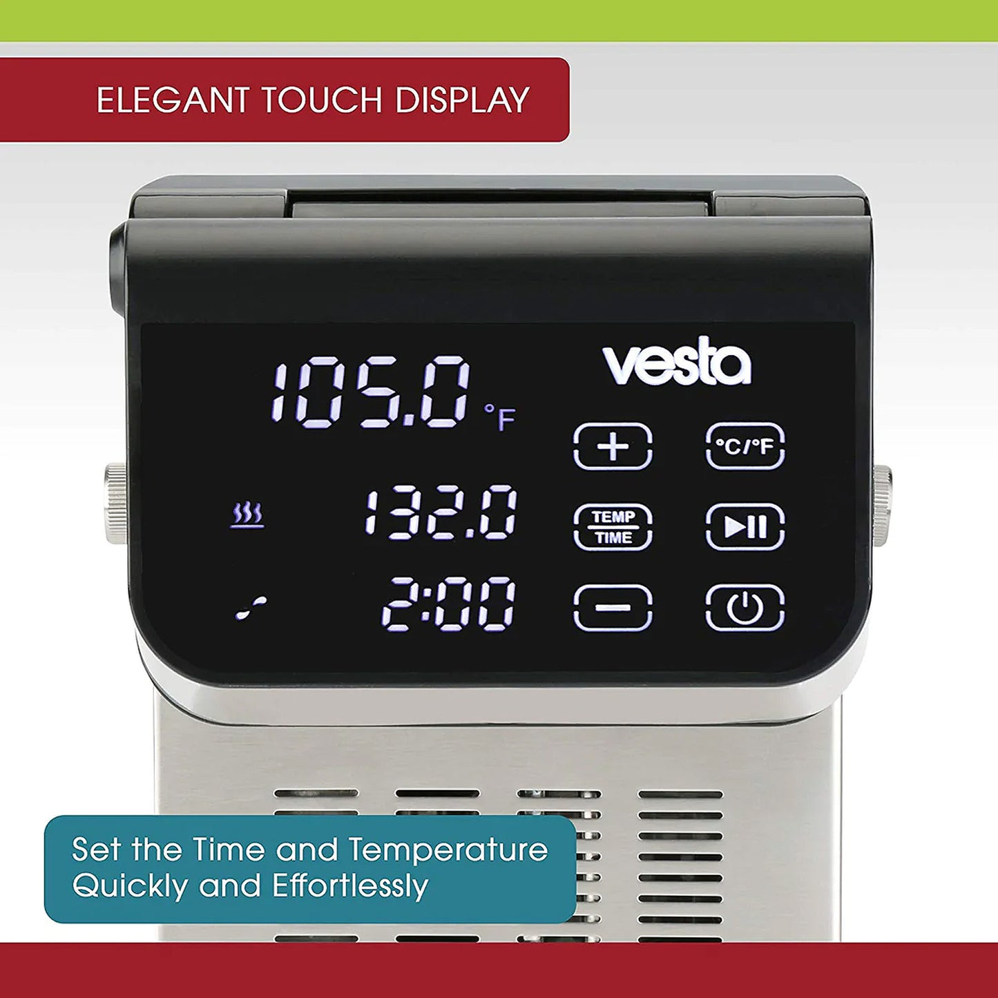 Vesta sous vide cooker  with digital display on a white background