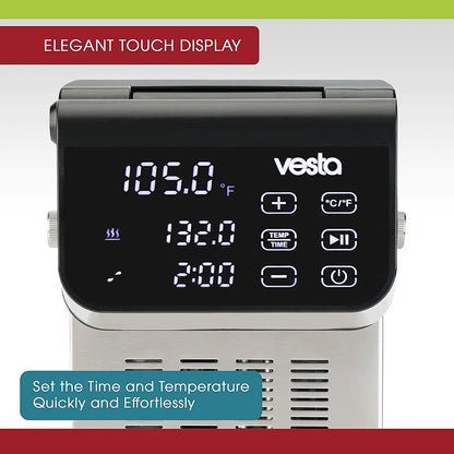 Vesta sous vide cooker  with digital display on a white background