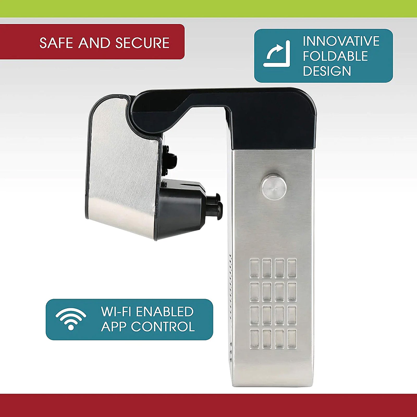 Sous vide cooker side view with text 'Safe and Secure', 'Innovative Foldable Design', and 'Wi-Fi Enabled App Control'.
