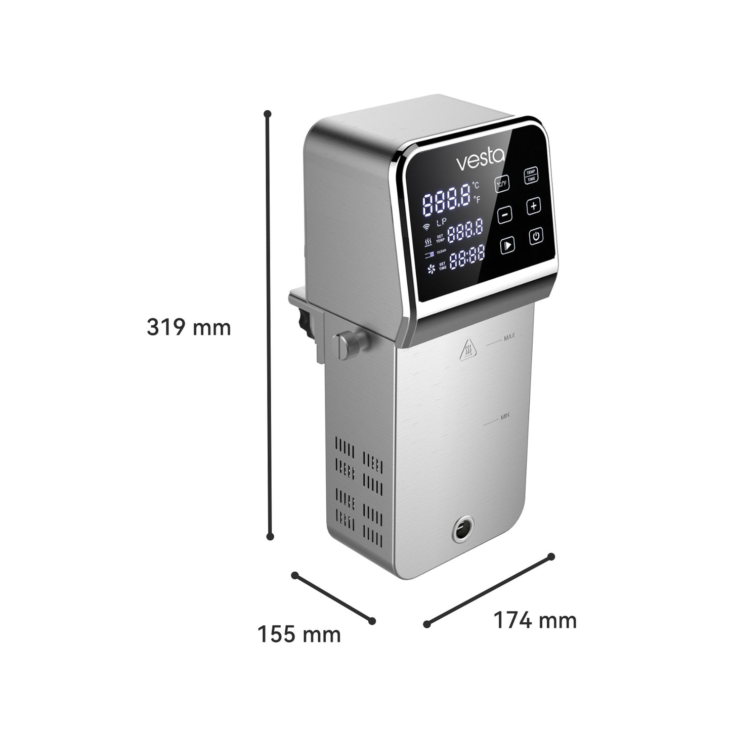 Vesta sous vide cooker with dimensions labeled on a white background