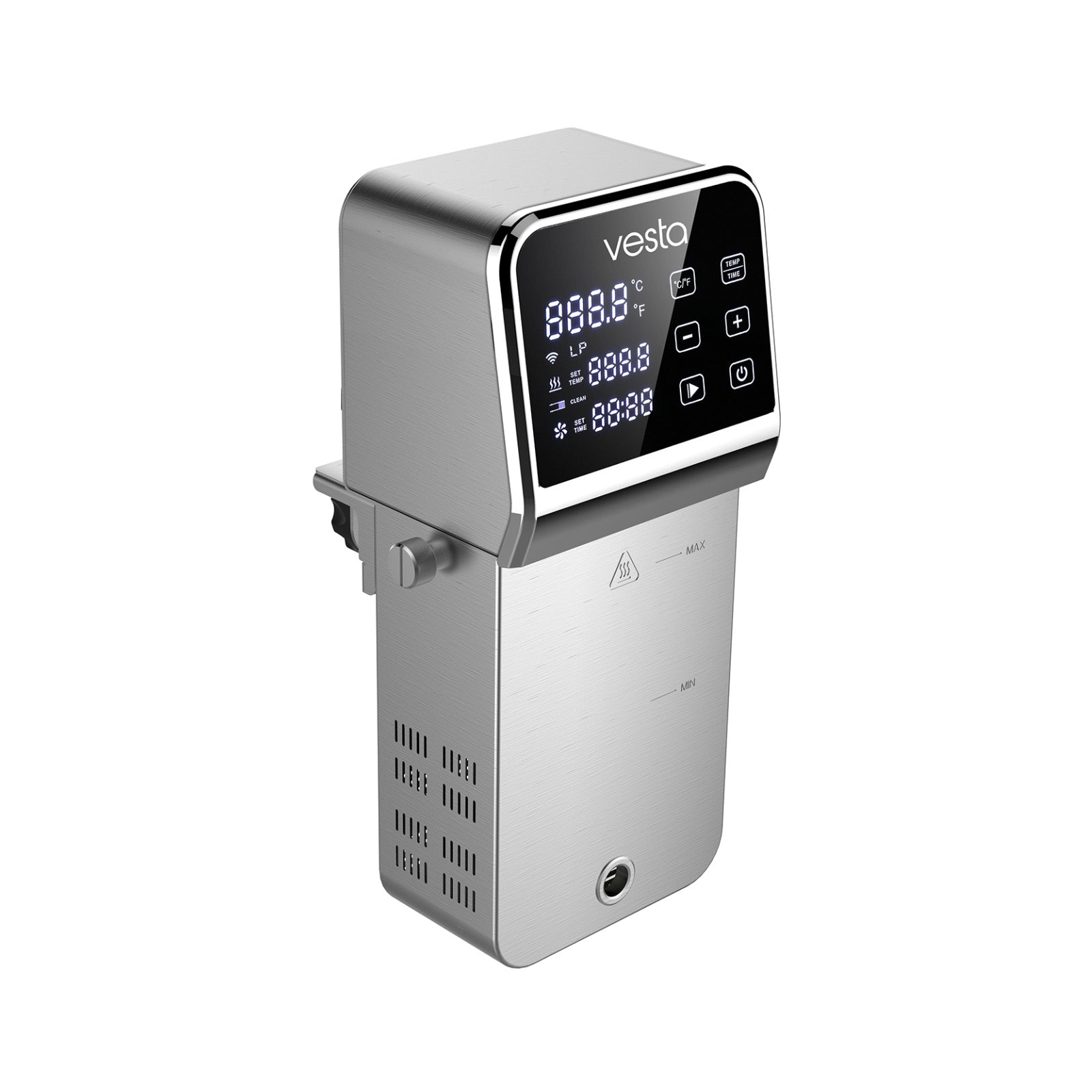 Vesta brand stainless steel sous vide cooker with digital display on a white background
