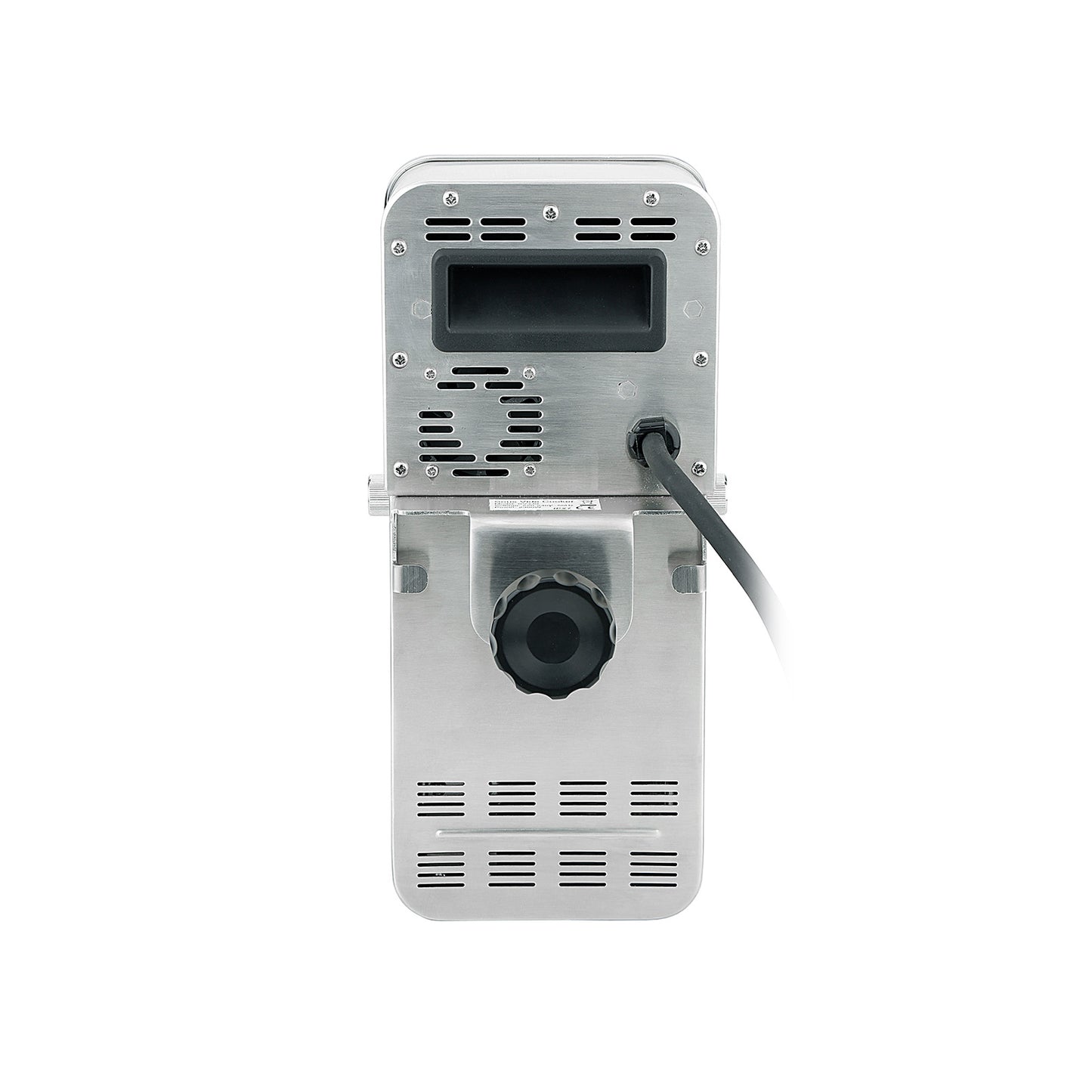 Back view of a stainless steel sous vide cooker with a cable on a white background