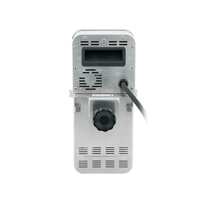 Back view of a stainless steel sous vide cooker with a cable on a white background