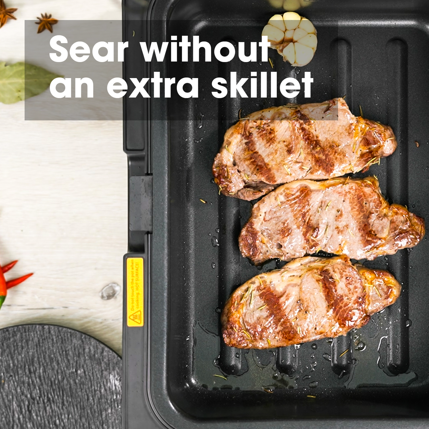 Three seared steaks in Neovide sous vide cooker with text 'Sear without an extra skillet'.