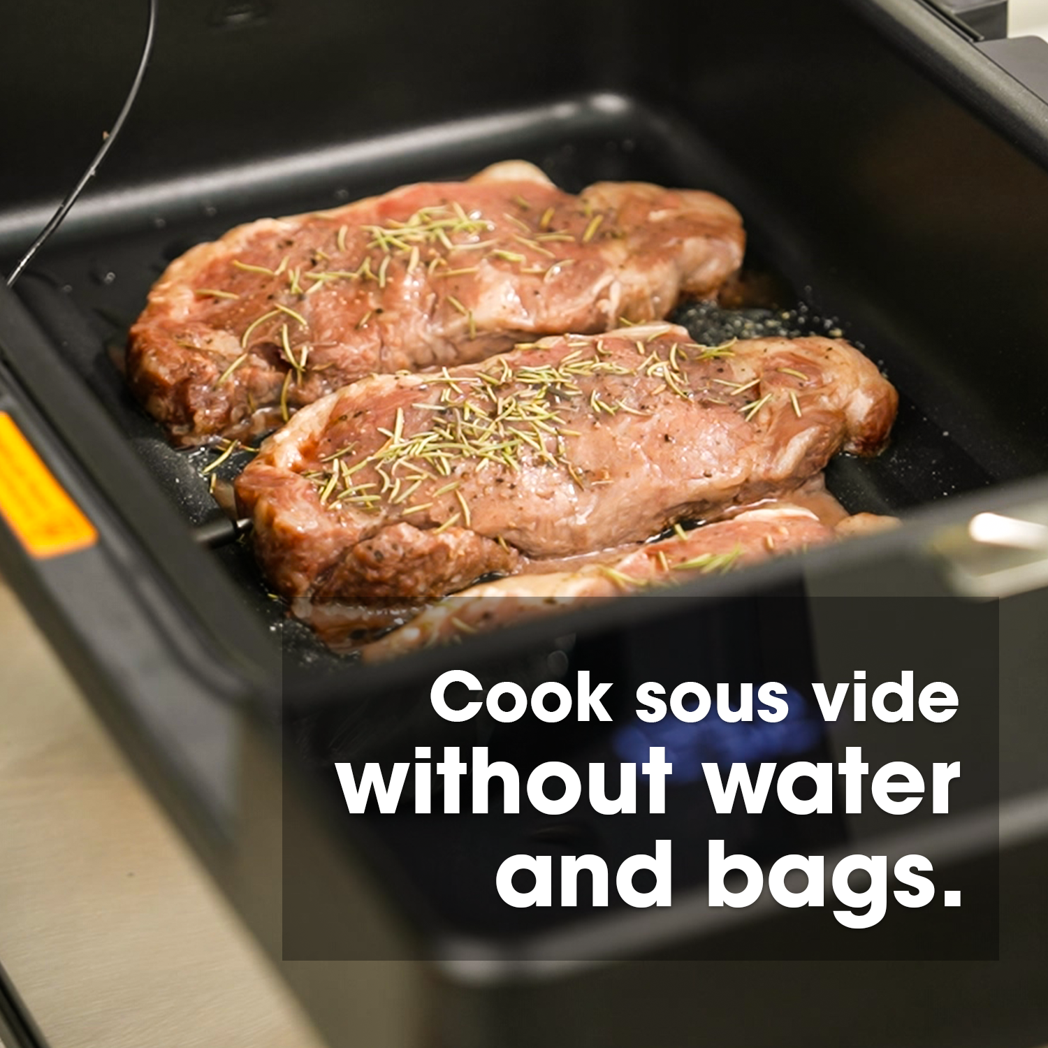 Two pieces of seasoned meat cooking in a sous vide machine with text overlay.