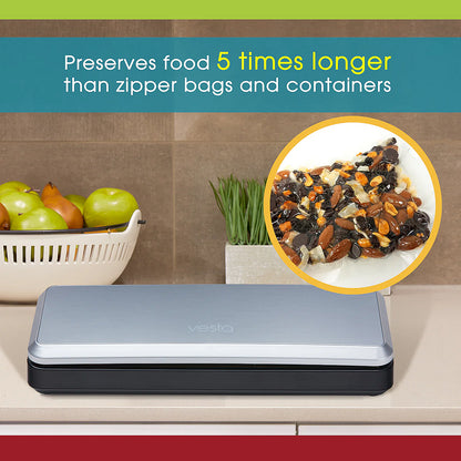 Vesta food vacuum sealer on a kitchen counter with text about its benefits.