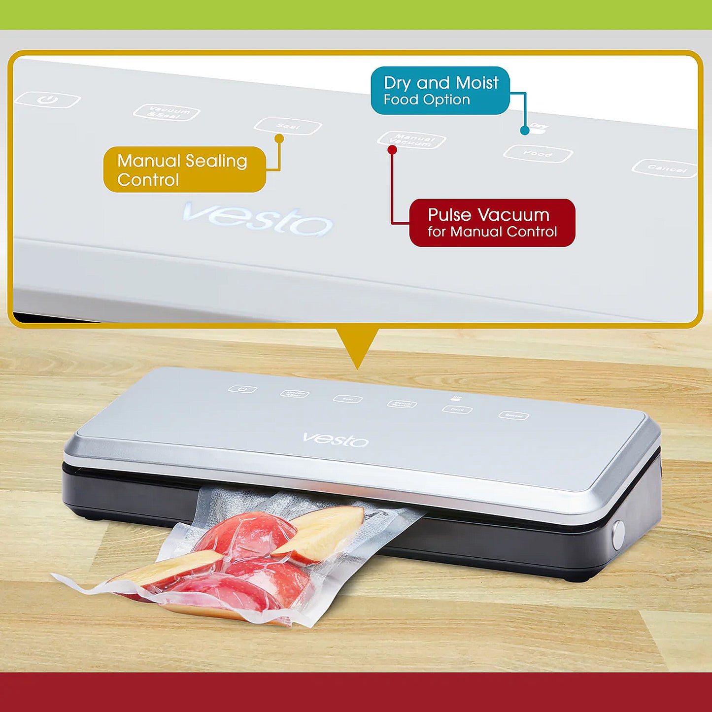 Vesta vacuum sealer on a wooden surface with food being vacuum sealed.