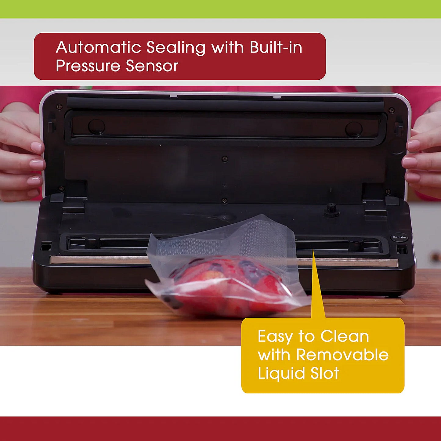 Vesta Vacuum sealer with a bag of food on a wooden surface, highlighting features like automatic sealing and easy cleaning.