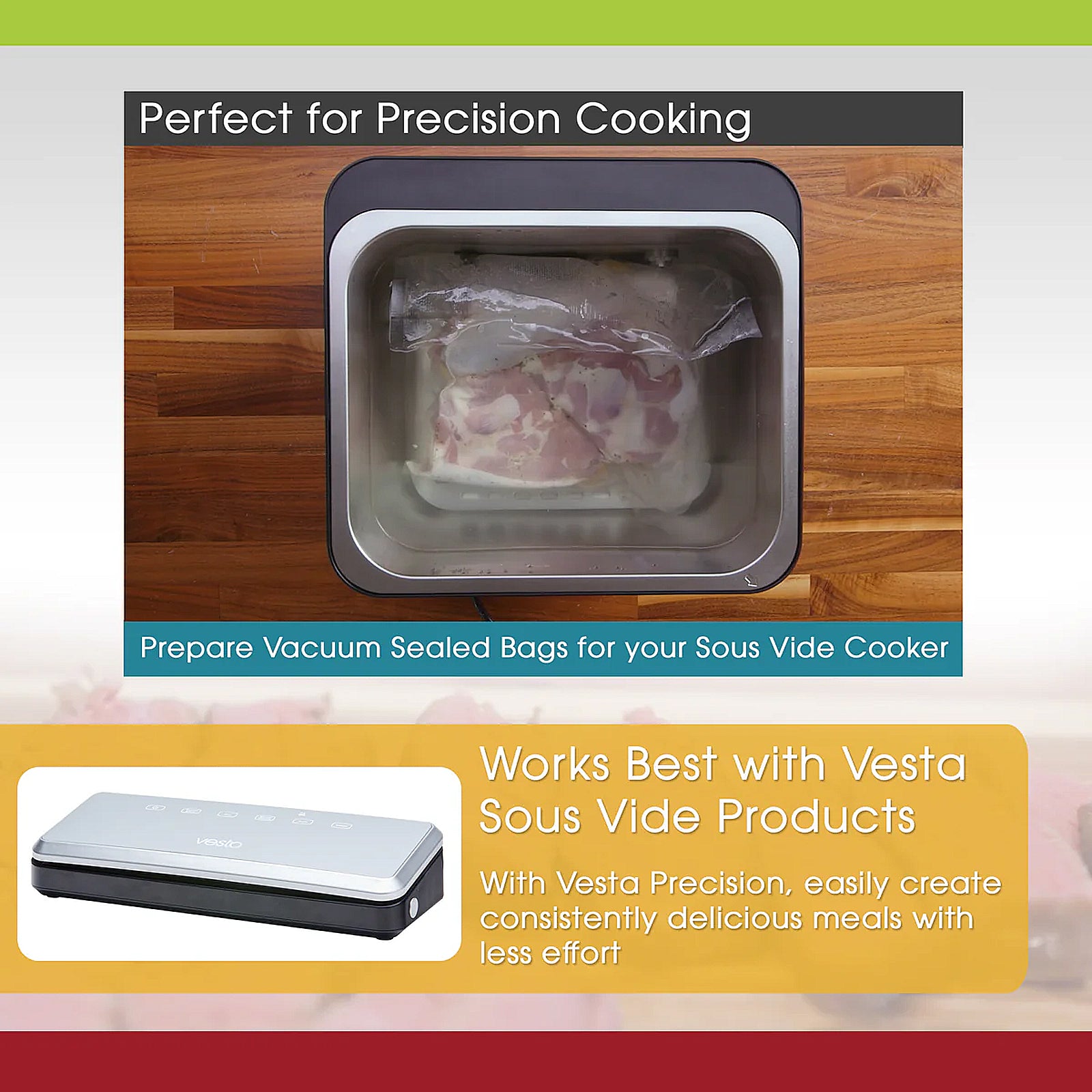 Vacuum sealing machine with vacuum-sealed bags on a wooden surface, promoting precision cooking with Vesta Sous Vide products.