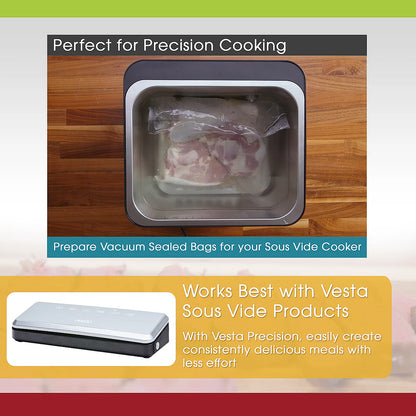 Vacuum sealing machine with vacuum-sealed bags on a wooden surface, promoting precision cooking with Vesta Sous Vide products.