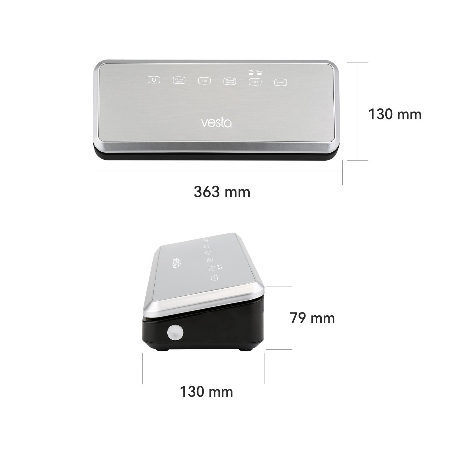 Vesta suction vacuum sealer with dimensions labeled on a white background