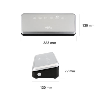 Vesta suction vacuum sealer with dimensions labeled on a white background