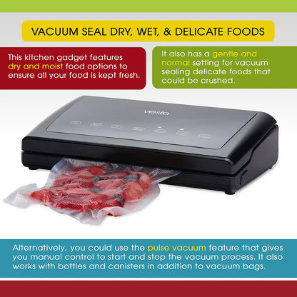 Vesta vacuum sealer with food packaging on a white background