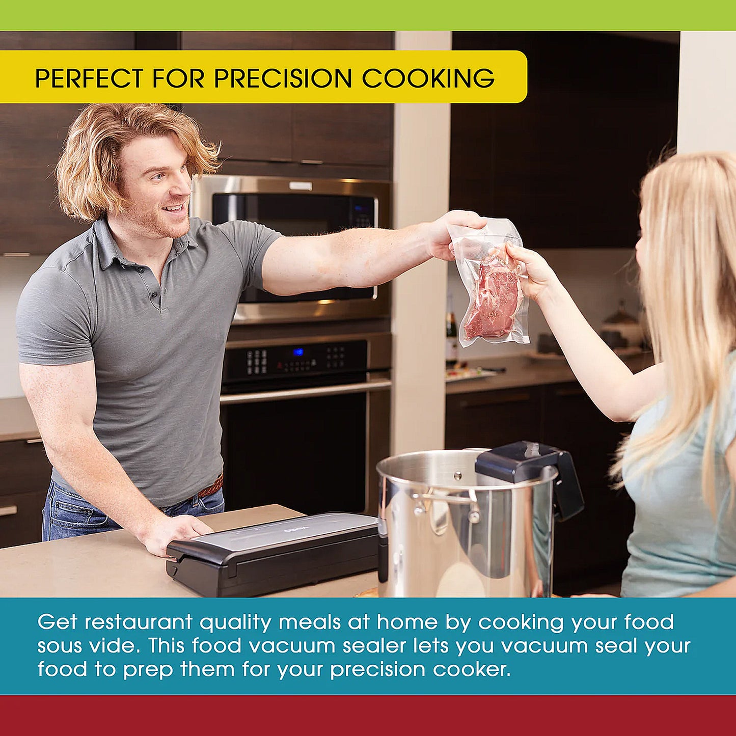 Two people in a kitchen using a food vacuum sealer with text about precision cooking.