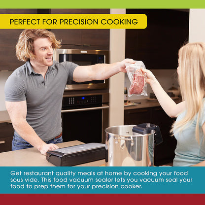 Two people in a kitchen using a food vacuum sealer with text about precision cooking.