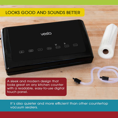 Vesta vacuum sealer on a wooden surface with text highlighting features