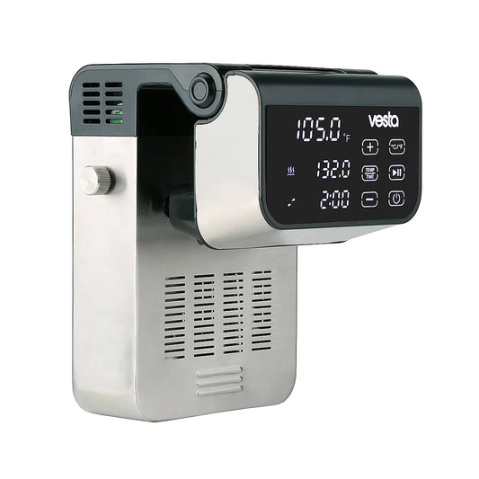 Vesta sous vide cooker with digital display on a white background