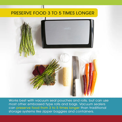 Vacuum sealer with vegetables on a white background, promoting food preservation.