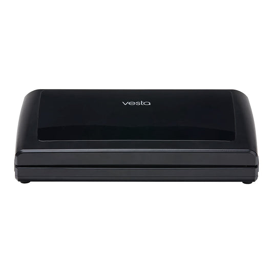Black vacuum sealer with 'Vesta' branding on a white background