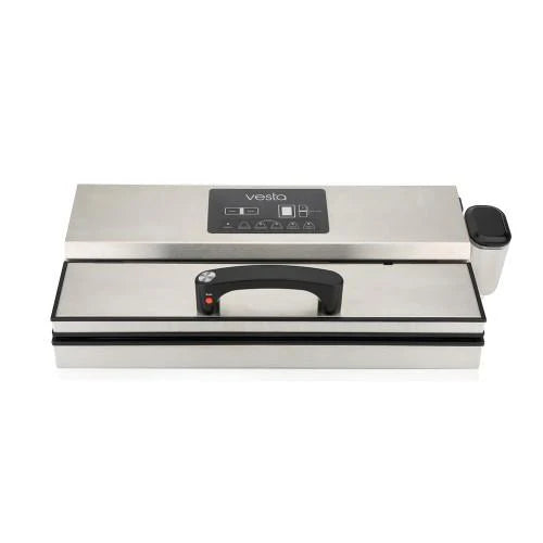 Stainless steel vacuum sealer with black handle on a white background