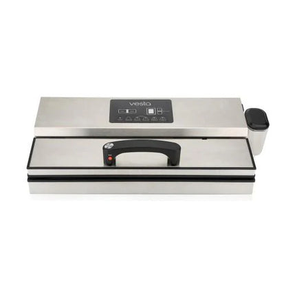 Stainless steel vacuum sealer with black handle on a white background