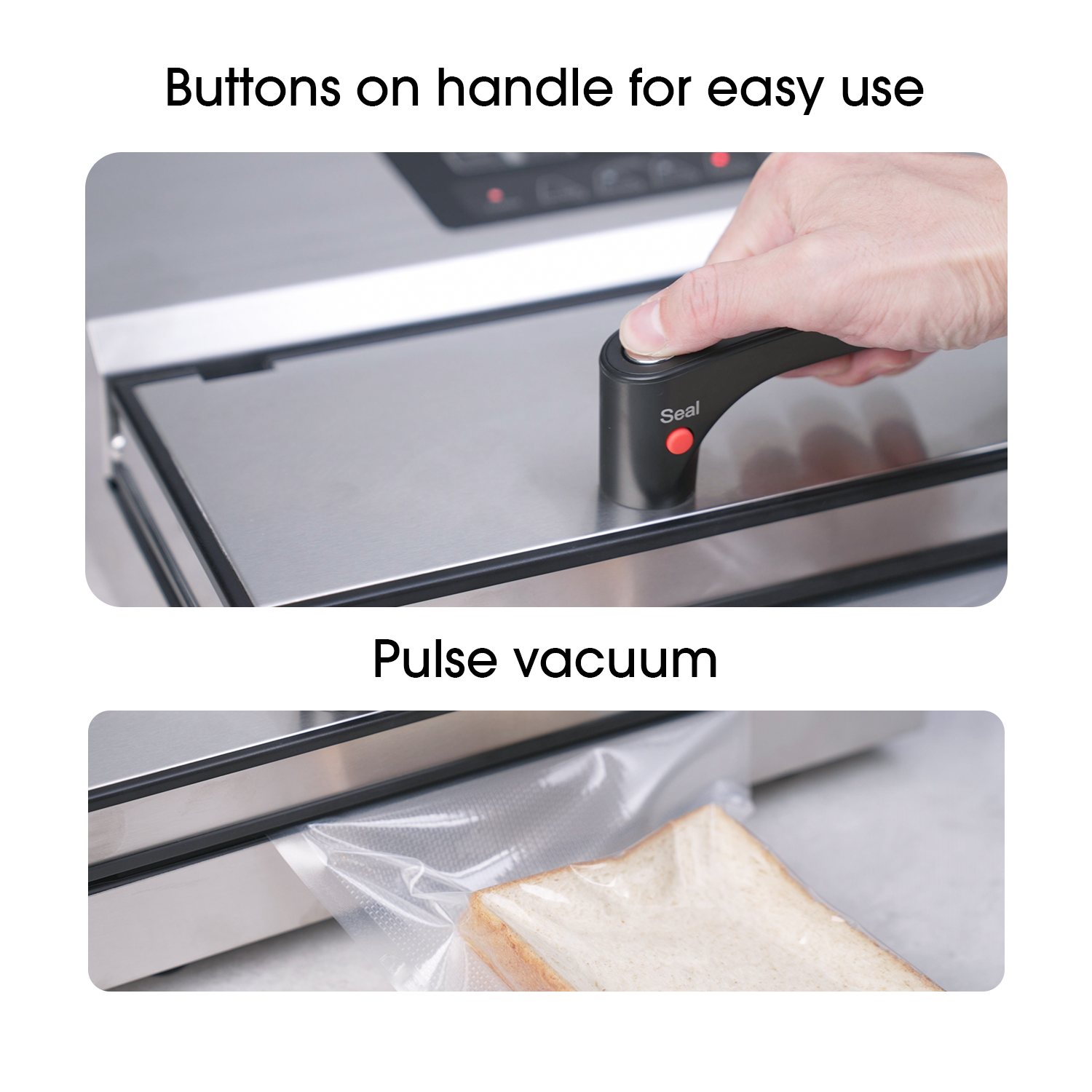 Vacuum sealer with handle buttons and pulse vacuum feature in action.