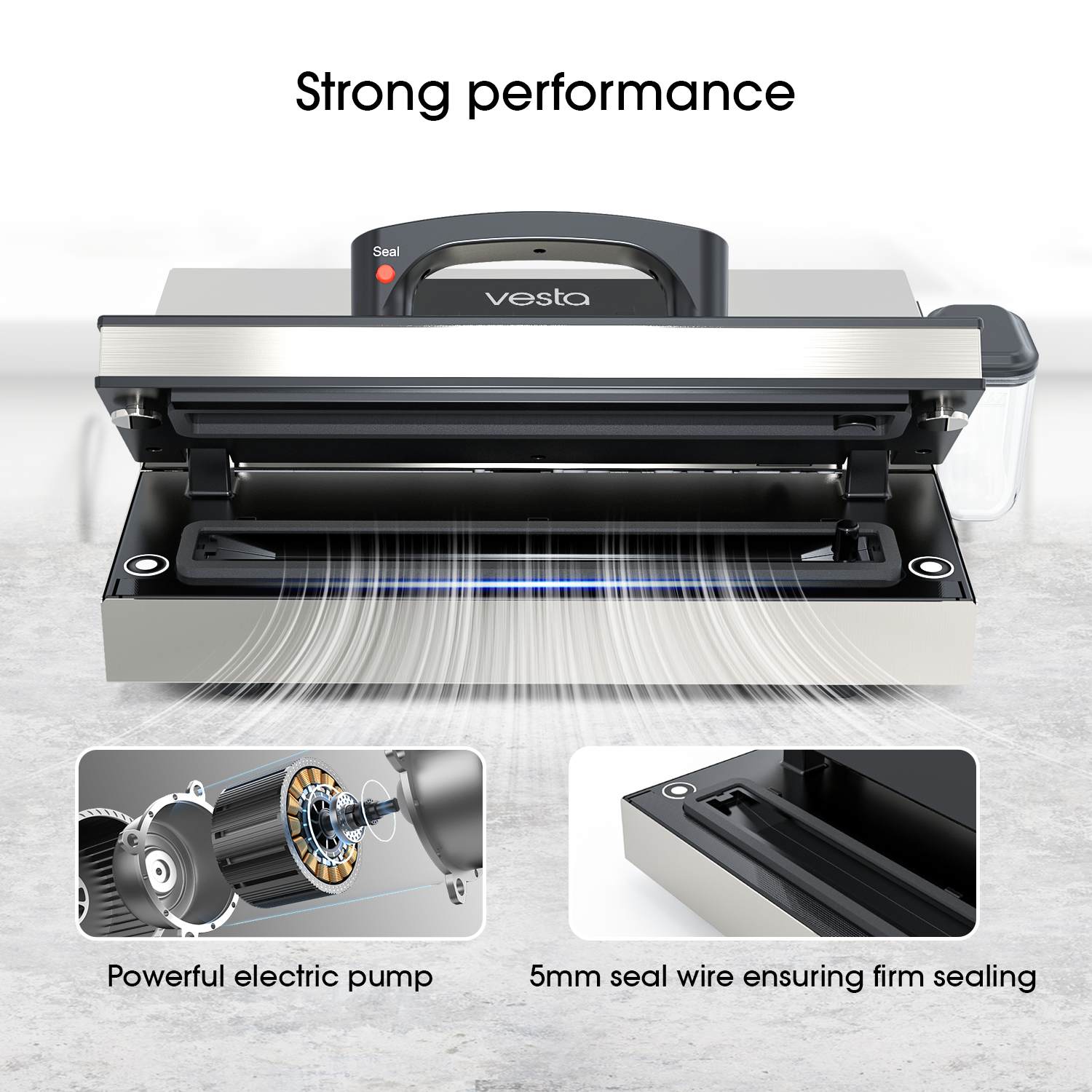 Vesta vacuum sealer with text 'Strong performance' and close-up details on a light gray background