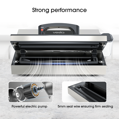 Vesta vacuum sealer with text 'Strong performance' and close-up details on a light gray background