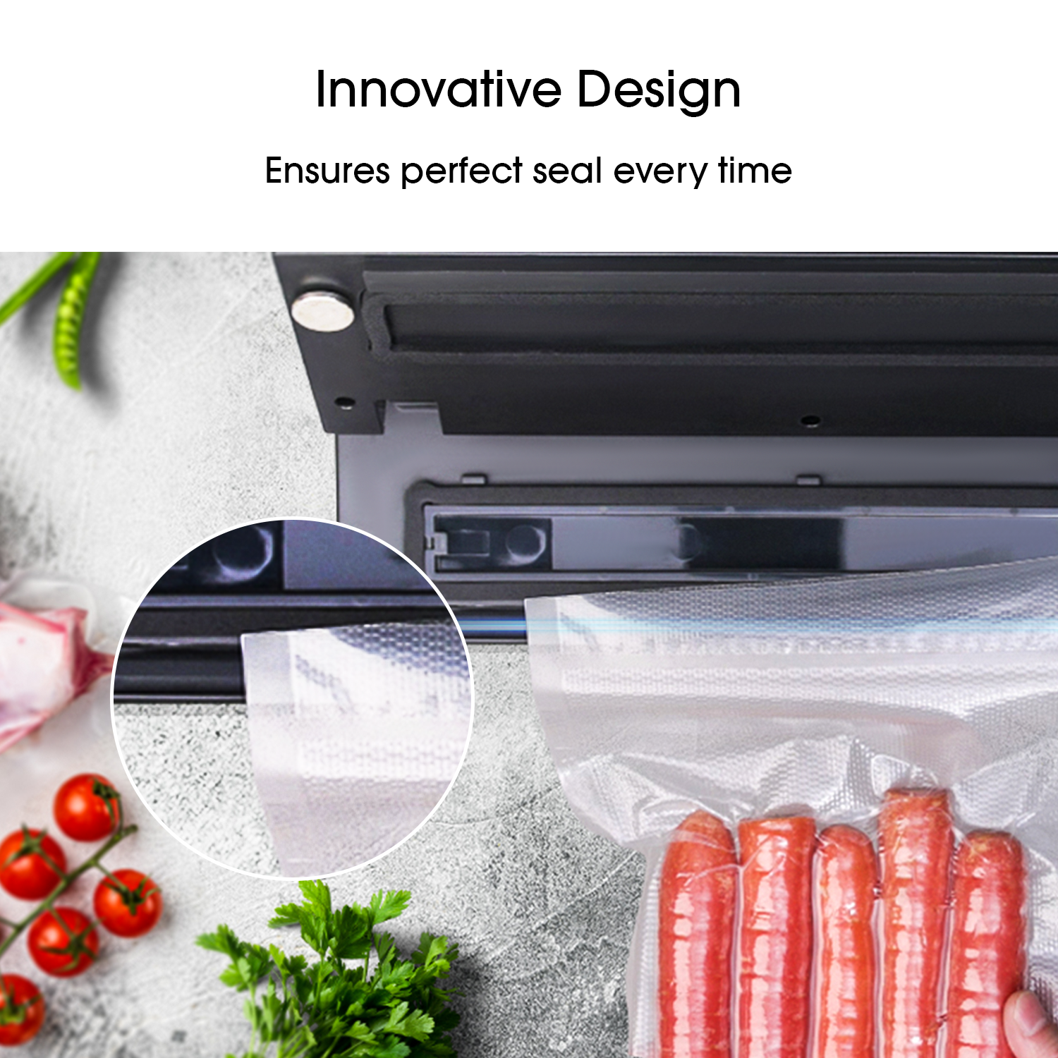 Vacuum sealer with a close-up of the sealing mechanism and vacuum-sealed food on a kitchen counter.
